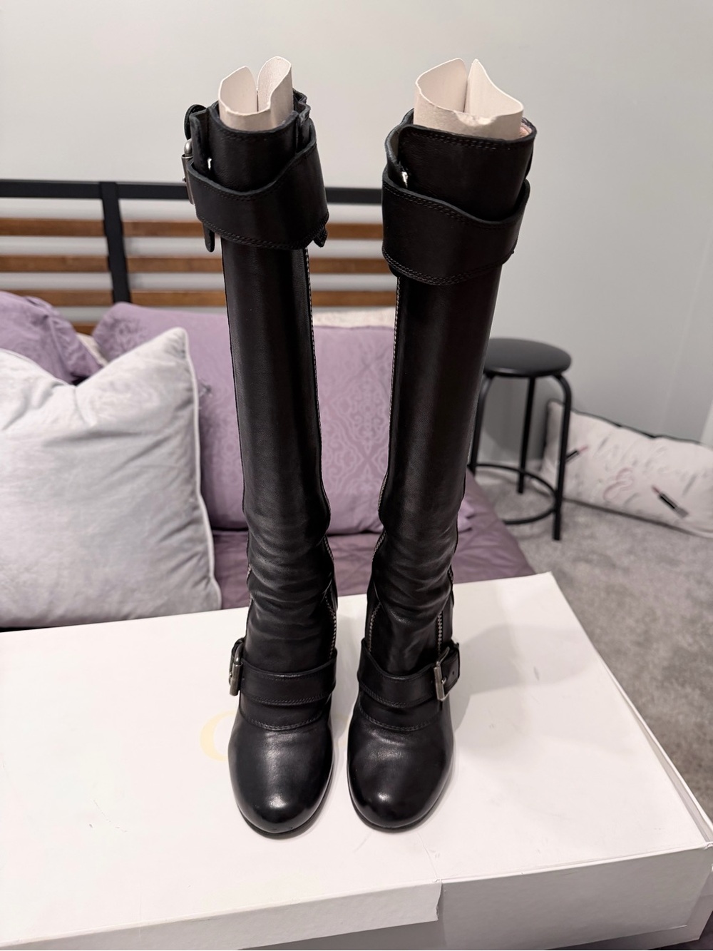 Chloe - Black Tall Leather Buckle Moto Boots